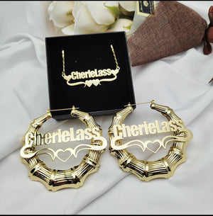 Custom Bamboo Hoop Earrings Custom Bling Earrings Customized Bling Necklace Custom Set For Women