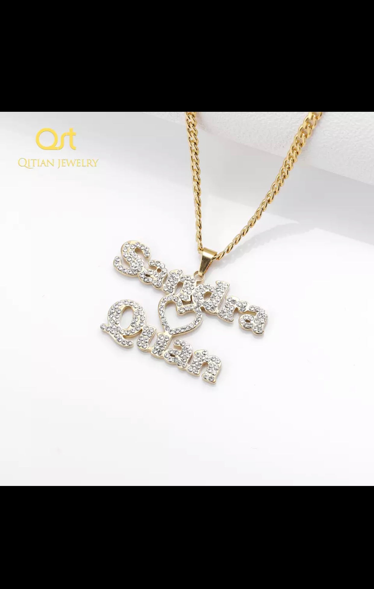 Custom Personalized Double Name Iced Out Necklace Love Heart Choker Thick chain Necklaces Handwriting Nameplate Couple Jewelry