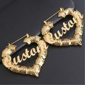 Custom  Love shape Bamboo Hoop Earrings Customizable Heart Customize Name Earrings