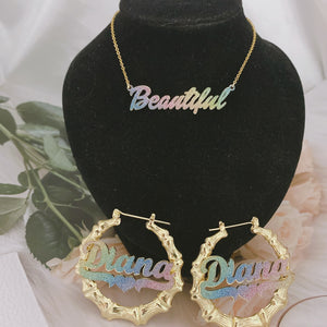 Custom Bamboo Hoop Earrings Custom Bling Earrings Customized Bling Necklace Custom Set For Women